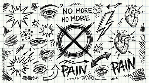 A striking black ink doodle collection of expressive eyes, urgent messages, and anatomical hearts on a gridded background