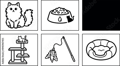 Cute fluffy cat sitting next to food bowl scratching toy and pet bed line art vector icons set