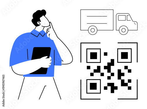 Package tracking, delivery, logistics planning, technology integration, e-commerce, inventory. Person holding clipboard, delivery truck QR code. Package tracking and logistics planning concept