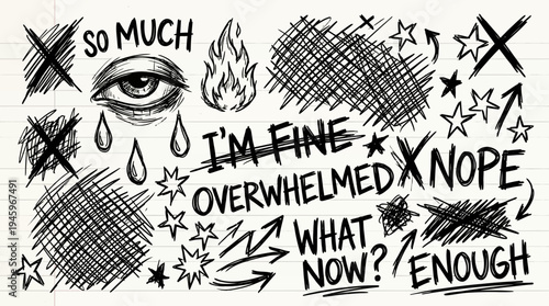 Doodles expressing overwhelm, anxiety, and exhaustion with common phrases like 'I'm Fine' and 'Enough'
