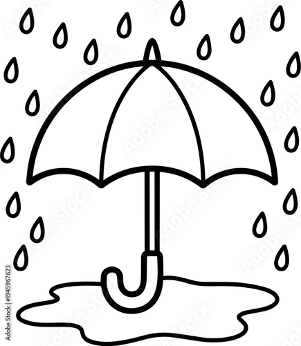 Black outline umbrella with raindrops falling and puddle underneath isolated on white background simple weather symbol vector art