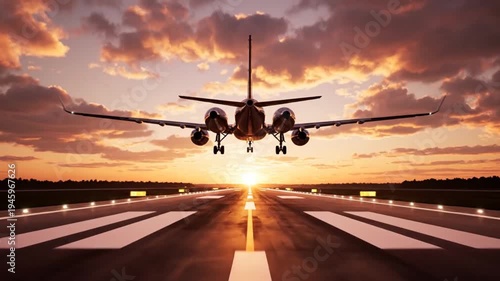 Airplane taking off runway during sunset with clouds and runway lights reflecting on wet surface cinematic aerial view footage