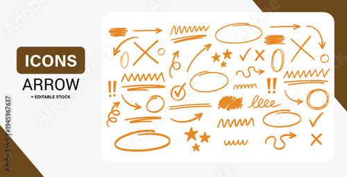 Line pen highlight arrow set with hand drawn marker strokes, underline, check mark and scribble emphasis elements vector on transparent background.