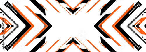 Bold orange black geometric chevrons crossing on white field, symmetrical angular lines and crisp edges create energetic visual rhythm, suitable for branding, poster art, packaging mockup, modern