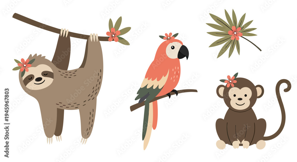 Fototapeta premium Whimsical tropical animals vector set sloth, parrot, and monkey with floral accents