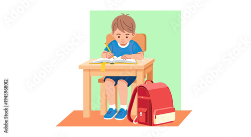 Young Boy Student Diligently Studying at Desk, Focused on Learning and Schoolwork for Education