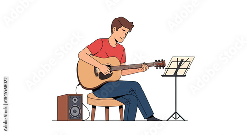 Man practicing guitar with sheet music and speaker, enjoying musical hobby