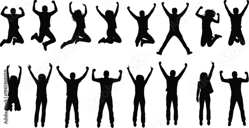 Celebration silhouettes people, jumping poses, victory arms raised, happy figures, success illustration, joyful lifestyle, party design, enthusiasm vector art collection
