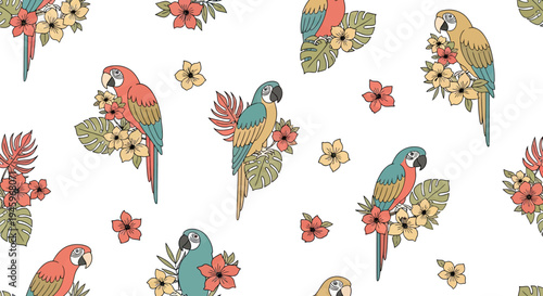 Lively Exotic Birds and Floral Foliage Vector Seamless Pattern Design