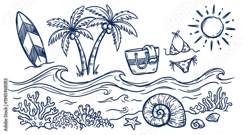 Summer beach scene with palm trees, surfboard, bikini, sun, waves, and seashell illustration