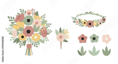 Charming wedding floral design concept elements collection for invitations