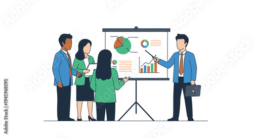 Business Professionals Presenting Data Analytics and Market Strategy at a Team Meeting