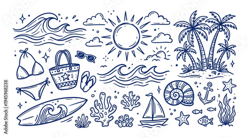 Collection of Hand-Drawn Summer Vacation Elements Featuring Beach, Waves, and Tropical Scenery