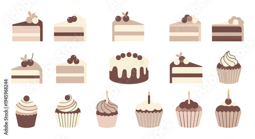 Sweet Pastry Collection Various Cake Slices, Whole Cakes, and Cupcakes in Flat Style