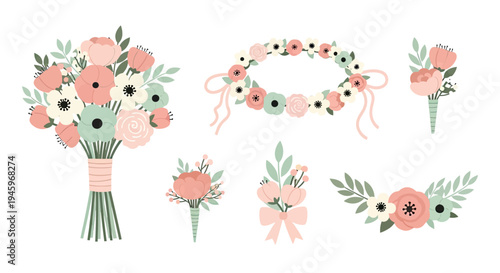 Delicate Pastel Wedding Floral Set Bouquet, Crown, Boutonnières, and Accents