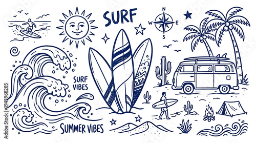 Flat vector illustration of summer vacation and surf vibes with beach, van, and campfire