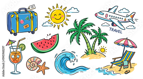 A vibrant collection of summer travel and vacation essentials, perfect for evoking a sense of adventure and relaxation