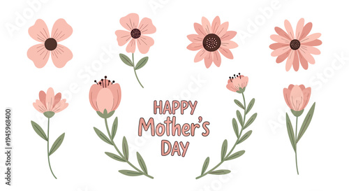 Delicate Pastel Flowers and Happy Mother's Day Greeting Illustration Set