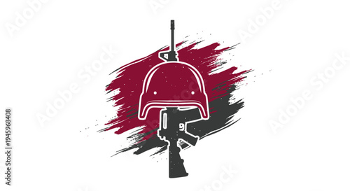 Symbolic military emblem with combat helmet and rifle weapon graphic illustration
