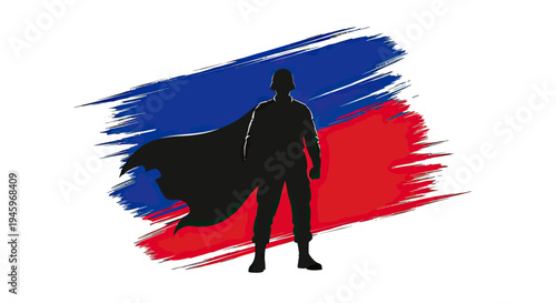 Powerful silhouette of a caped hero or soldier standing before a patriotic brushstroke design