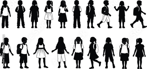 Children silhouettes vector, boys girls poses, backpacks casual outfits, walking standing gestures, diverse clothing styles, school design, education illustration art