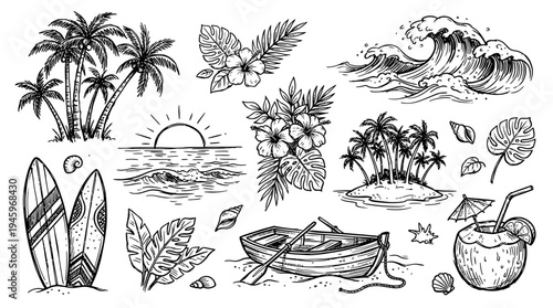 Tropical beach collection with surfboards, palm trees, waves, and coconut drink