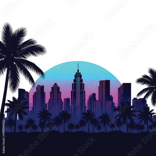 Vibrant Retro Cityscape Silhouette with Tropical Palm Trees Under a Colorful Gradient Sunset, Evoking a Nostalgic 80s Synthwave Aesthetic and Dynamic Urban Energy