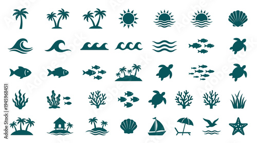 Modern flat vector silhouette set of tropical beach and ocean elements