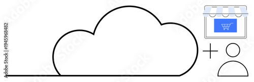 E-commerce, cloud technology, digital tools, user accounts, online shopping, tech integration. Cloud symbol, storefront user icon. E-commerce and cloud technology concepts