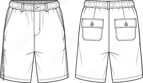 Casual shorts technical cad drawing flat vector illustration with elastic waistband belt loops rear flap pockets and relaxed fit design
