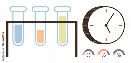 Scientific research, laboratory experiments, data tracking, time management, efficiency analysis, chemical testing. Three filled test tubes, a stopwatch and percentage indicators. Scientific