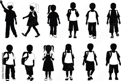 Children silhouettes with backpacks, school kids vector, casual clothing, walking standing waving poses, diverse hairstyles, education design, student illustration art