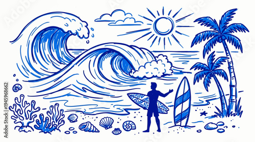 Hand-drawn blue doodle of a surfer on a tropical beach with large waves and palm trees, evoking a summer vibe