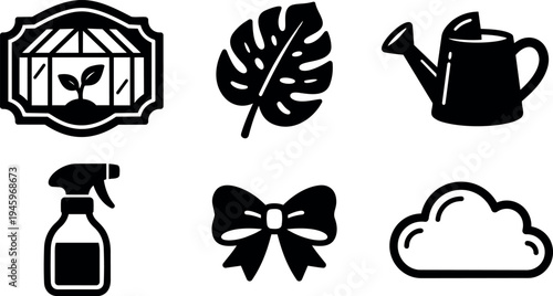 Minimalist black silhouette gardening icons set including greenhouse leaf watering can spray bottle bow and cloud vector art