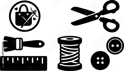 Black silhouette icons of sewing tools scissors thread spool ruler brush buttons and handbag with needle in circle