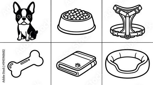 Black and white line art set of pet dog food bowl bone harness blanket and bed vector icons isolated