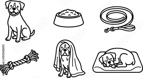 Black line art vector set of dogs sitting sleeping playing with rope food bowl and leash simple pet icons collection