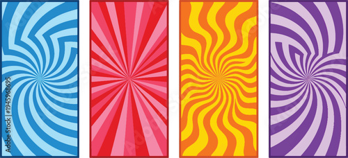 Four vertical banners display vibrant psychedelic spiral patterns in contrasting colors of blue, red, orange, and purple.