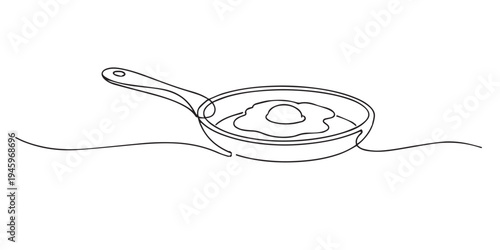 Continuous line drawing of a frying pan with an egg. One line drawing for cooking concept, kitchen utensil, breakfast food, and simple home meal.