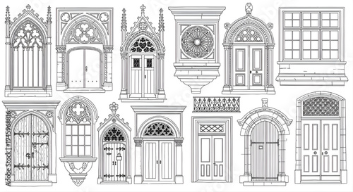 Ornate Door Collection Vector – Vintage Architectural Doors Black and White Detailed Line Art Illustration Set