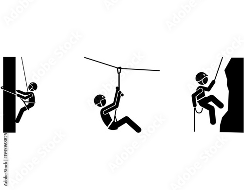 Stick figures illustrating various rope activities like climbing, rappelling, and traversing, depicting adventure sports.