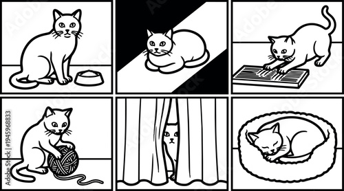 Minimalist black and white vector cat illustrations showing eating playing scratching hiding and sleeping in cozy bed scenes