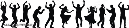 Black Silhouette Set of Diverse People Dancing and Celebrating in Action Poses for Party Event Music Festival and Joyful Celebration