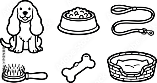 Simple black and white line art vector set of happy dog with leash bone brush food bowl and cozy bed icons