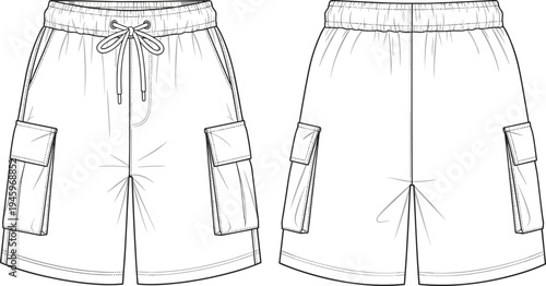 Cargo shorts technical cad drawing flat vector illustration with elastic drawstring waistband side flap pockets and relaxed fit for fashion design