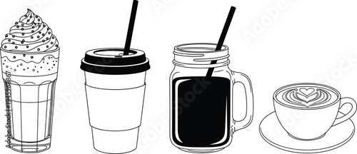 Coffee drinks, latte art, iced coffee, cold brew, frappuccino glass, disposable cup, mason jar beverage, café culture, barista style, caffeine