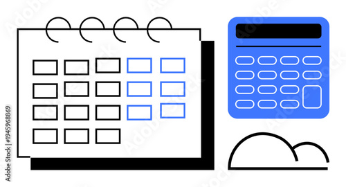 Time management, task scheduling, financial planning, organization, cloud storage, digital tools. Calendar and calculator with a cloud symbol. Time management and task scheduling concepts
