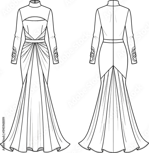 Elegant evening gown technical cad drawing flat vector illustration with high neck chest cutout draped waist and mermaid mermaid silhouette