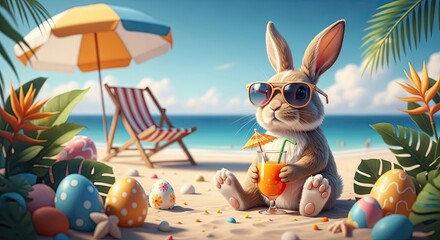 Easter bunny on a tropical beach with easter eggs and sunglasses