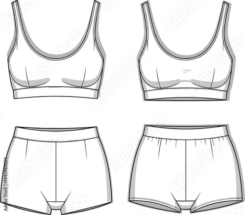 Activewear set technical cad drawing flat vector illustration with scoop neck sports bra and high waisted shorts for fashion design